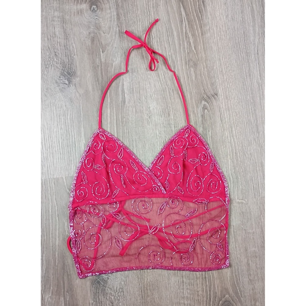 Vintage Y2K Pink Beaded Mesh Halter Open Back Fairy Whimsy Ties Festival NO SIZE